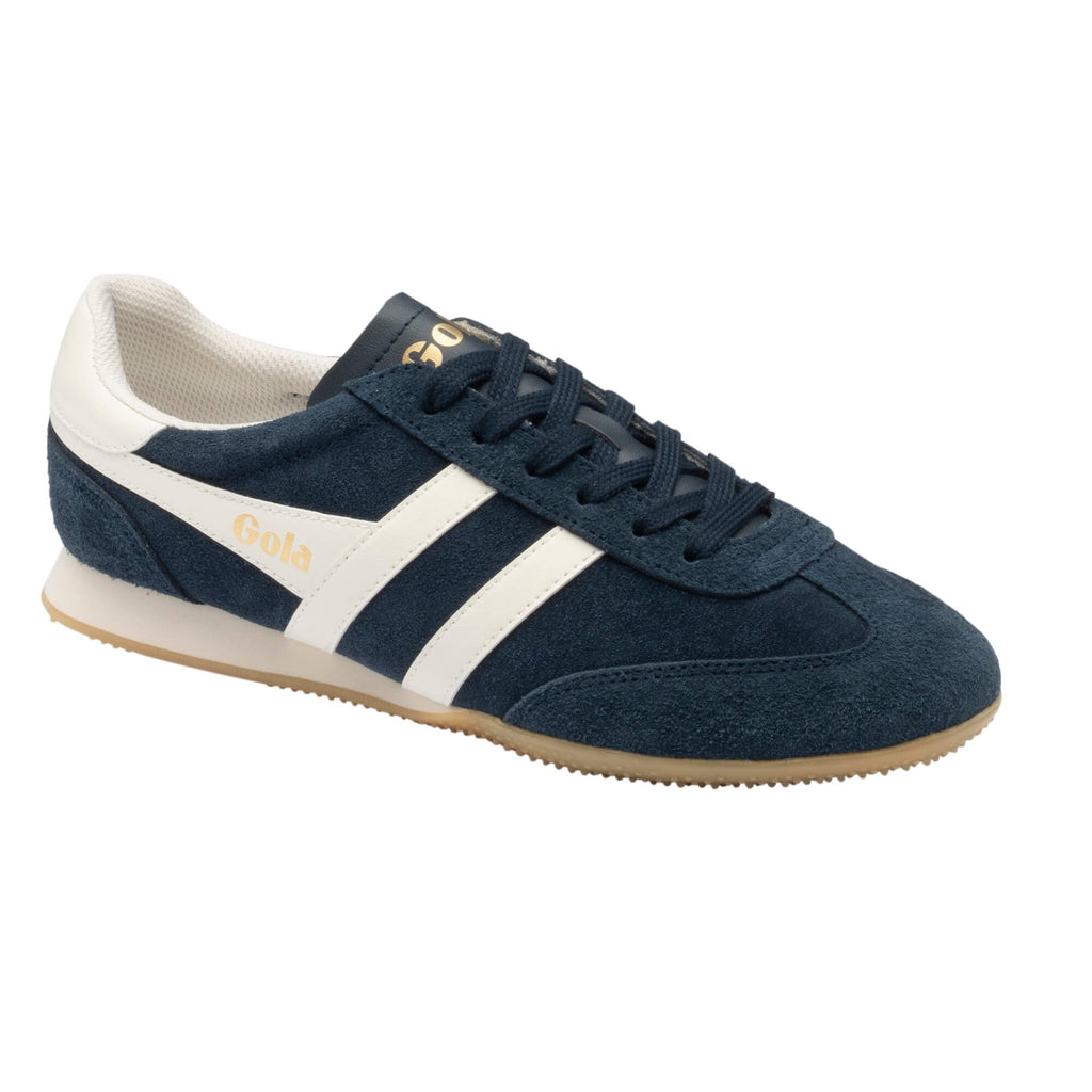 Navy blue suede Gola trainer with white side stripes and gum sole