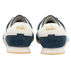 Rear view of navy blue and white Gola trainers with gold branding on the heel