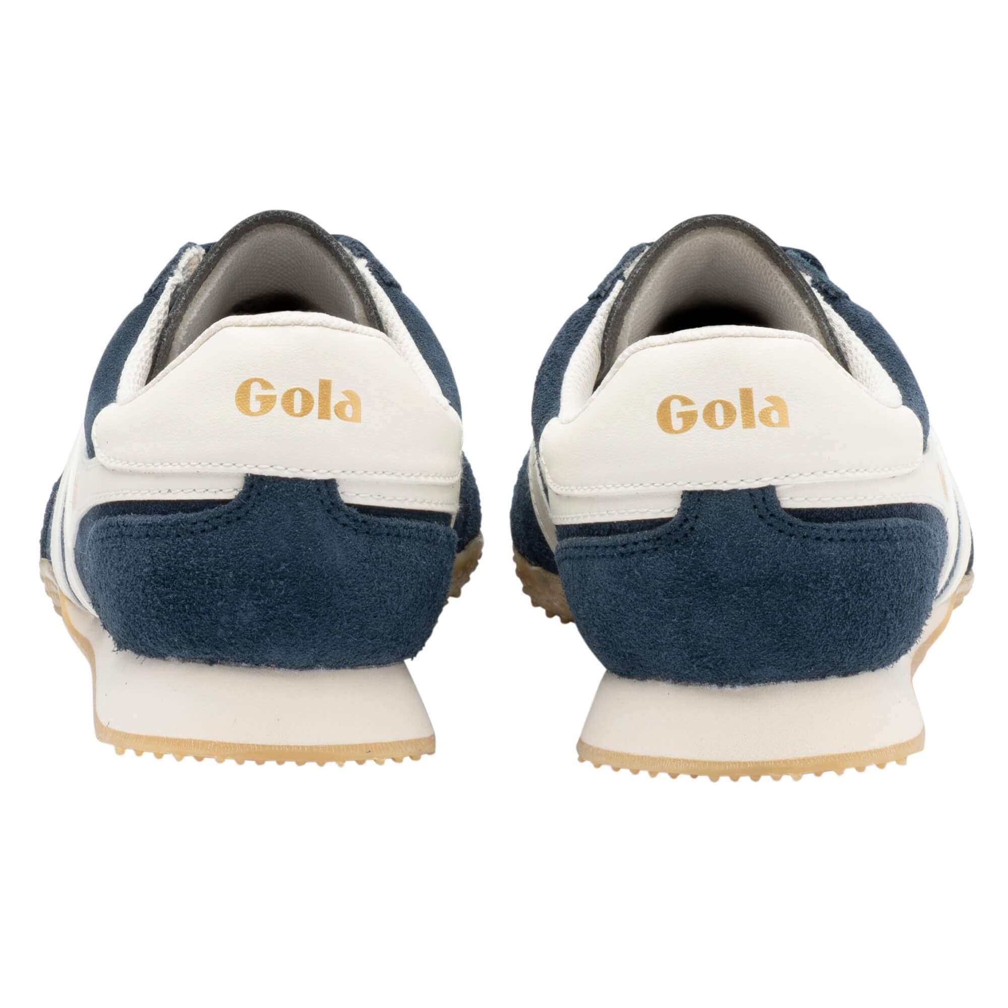 Rear view of navy blue and white Gola trainers with gold branding on the heel