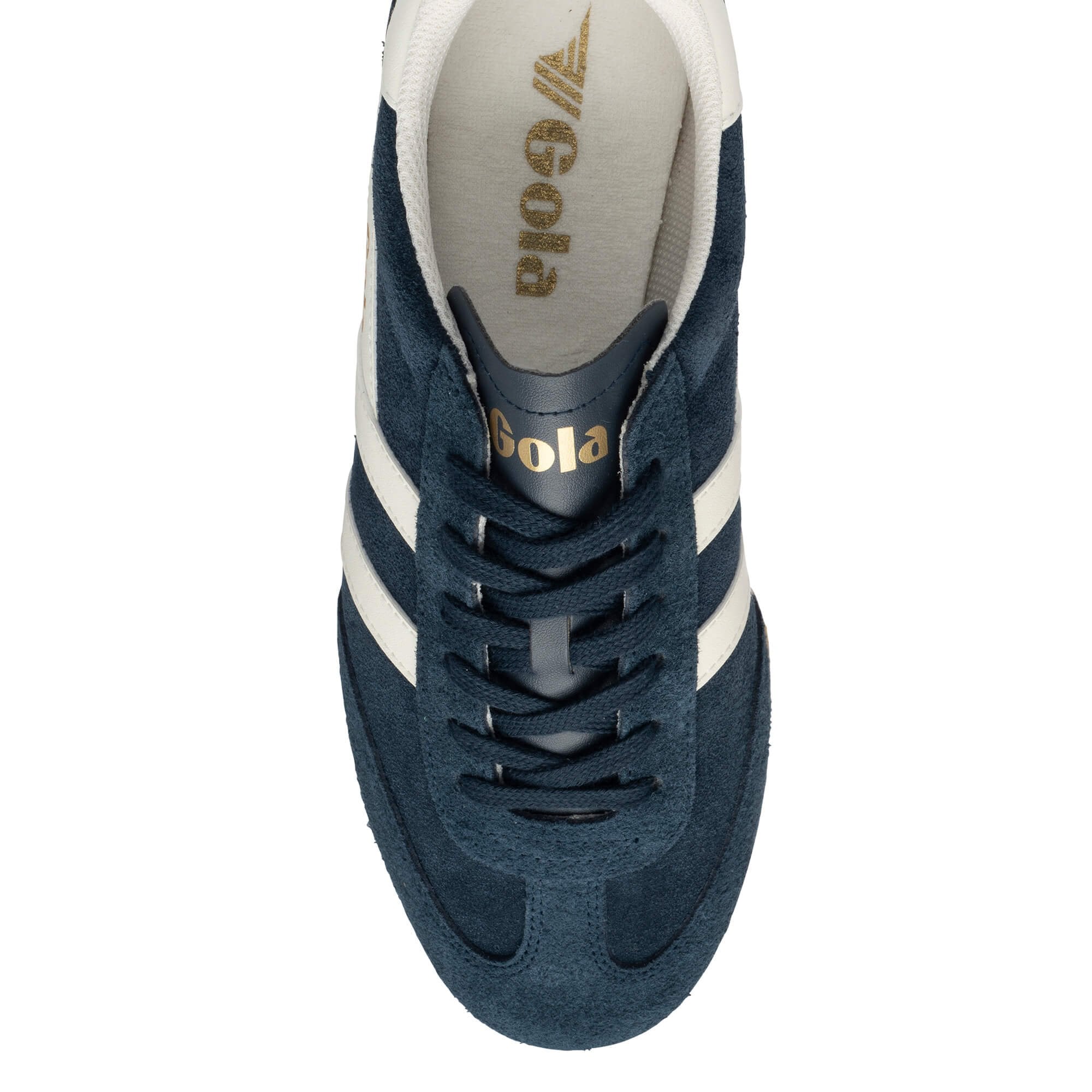 Top view of a navy blue suede Gola trainer with white side stripes and gold branding