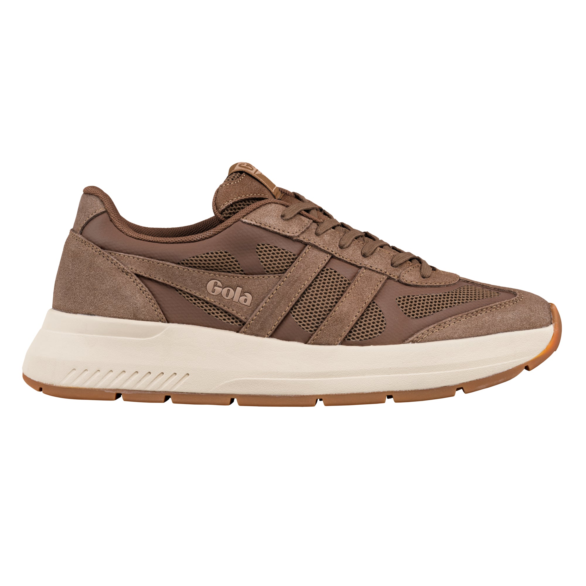 Brown Gola trainer with mesh and suede panels on a cream midsole