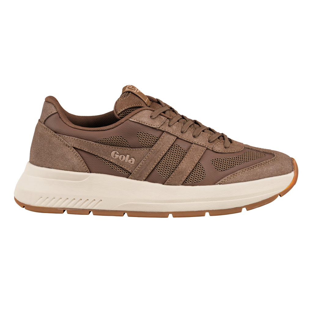 Brown Gola Classics trainer with suede and mesh panels and a cream midsole