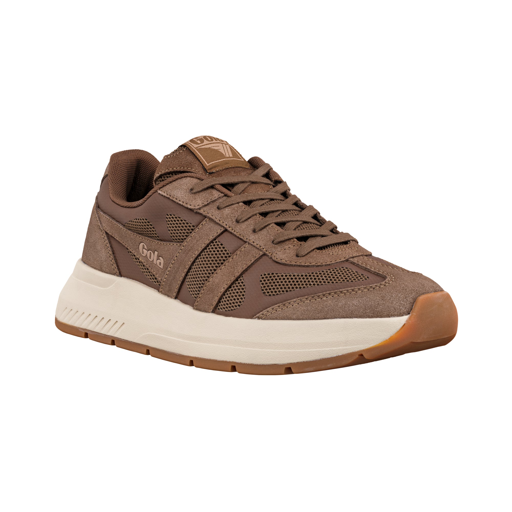 Brown Gola trainer with mesh panels and cream midsole