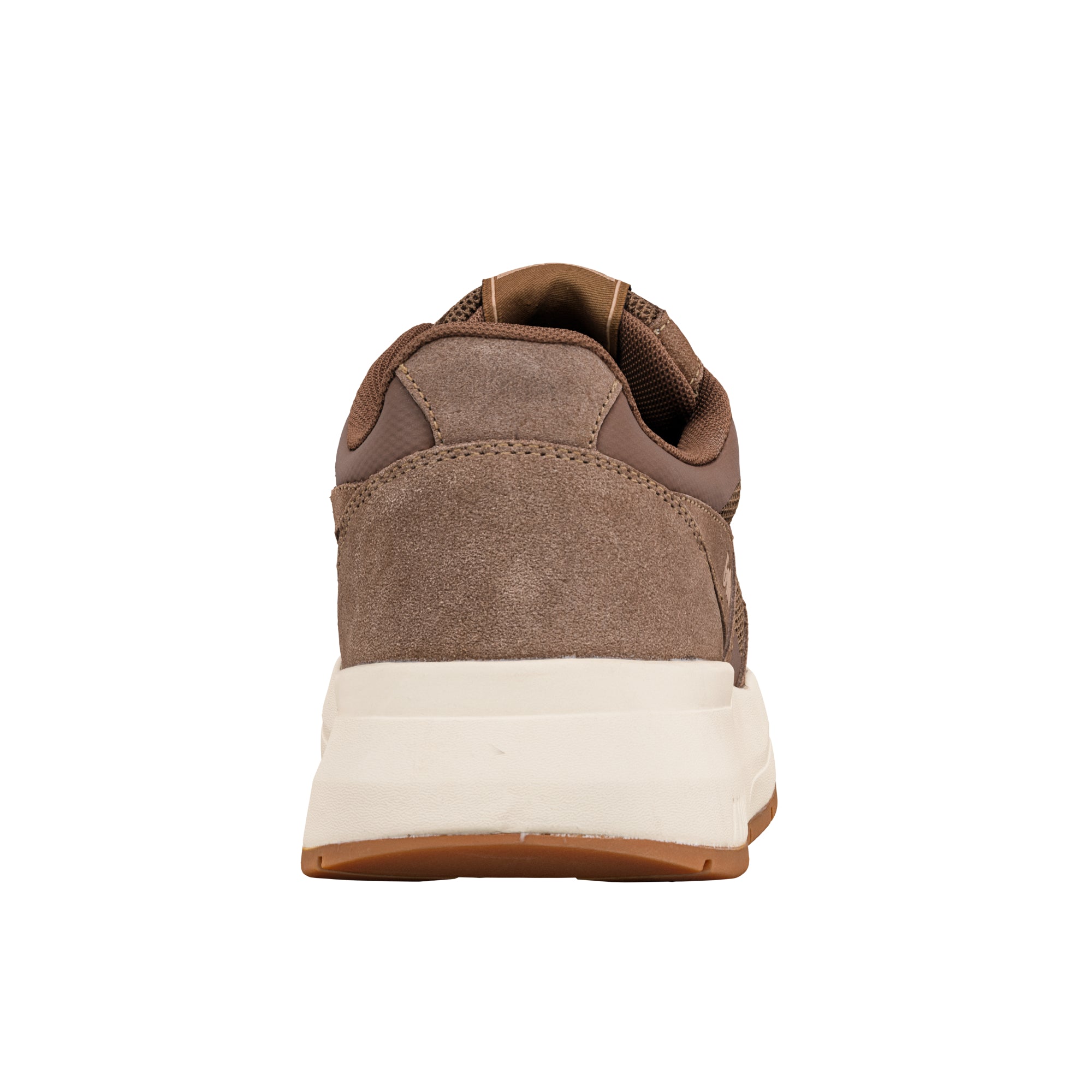 Rear view of a brown suede trainer with a thick white sole and gum rubber base