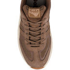 Top view of a brown Gola trainer with mesh and suede panels