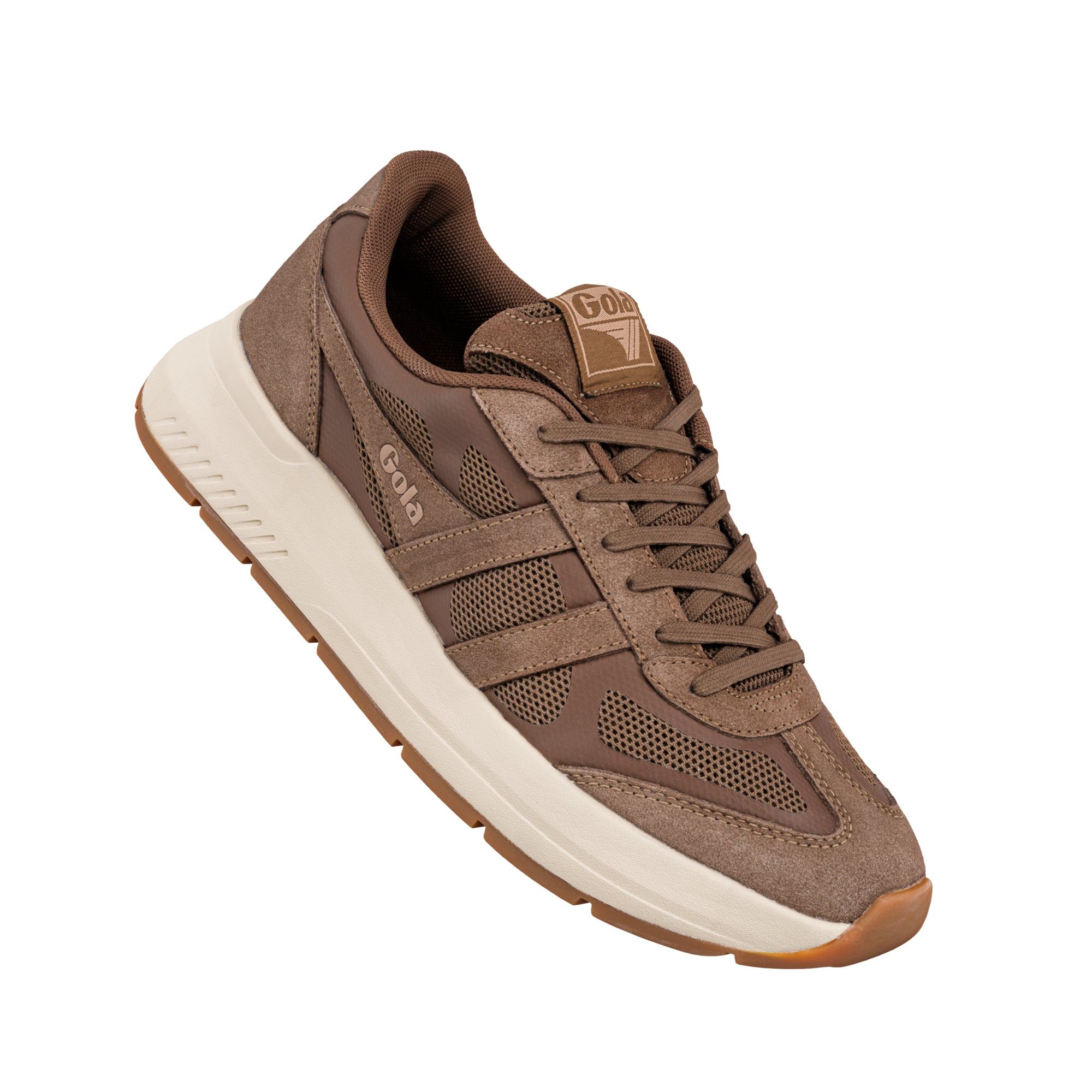 Brown Gola trainer with suede and mesh upper and cream sole