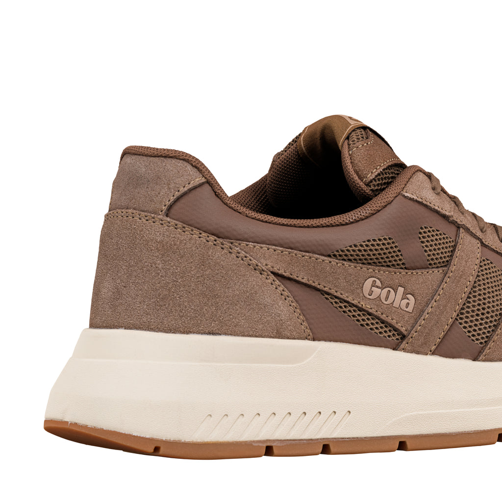 Close up of brown Gola trainer heel with suede and mesh panels and cream midsole