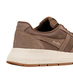 Close up of brown Gola trainer heel with suede and mesh panels and cream midsole