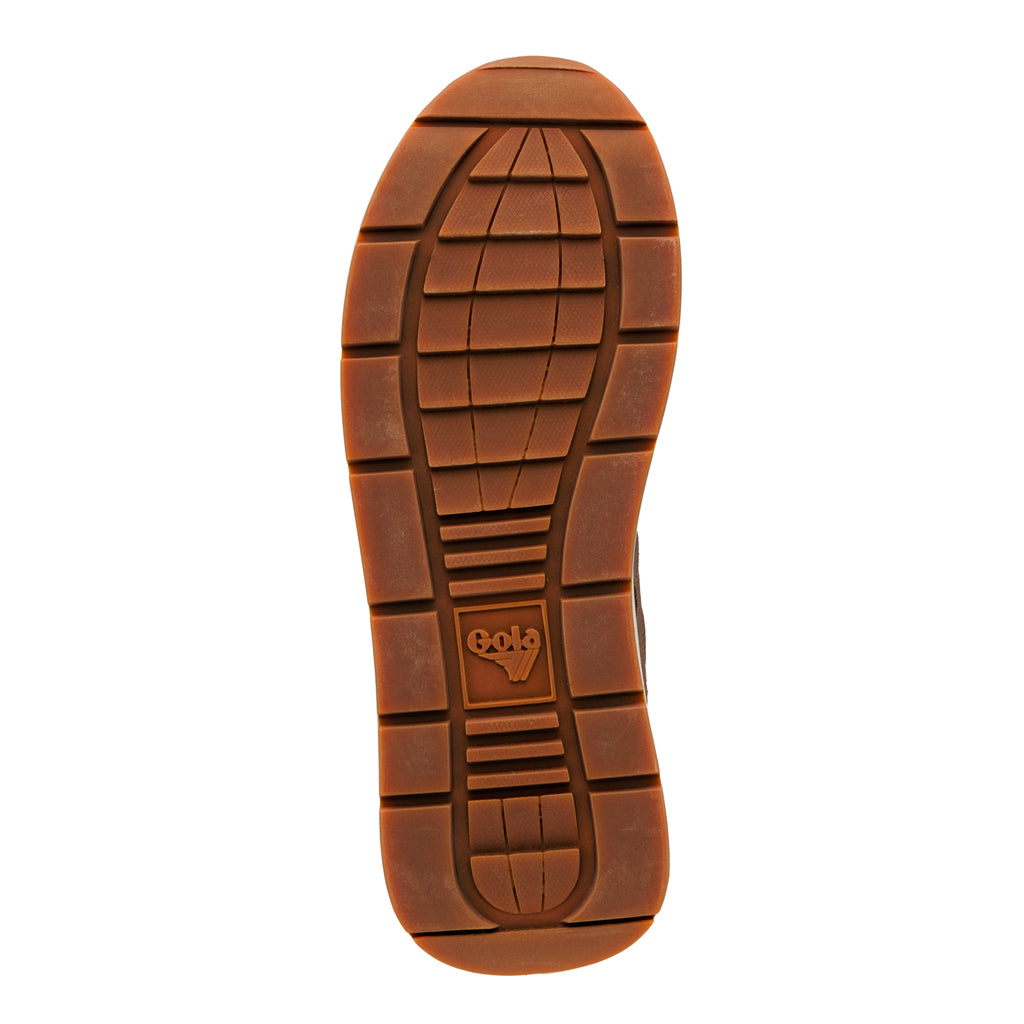 Brown rubber trainer sole with Gola logo and grid tread pattern