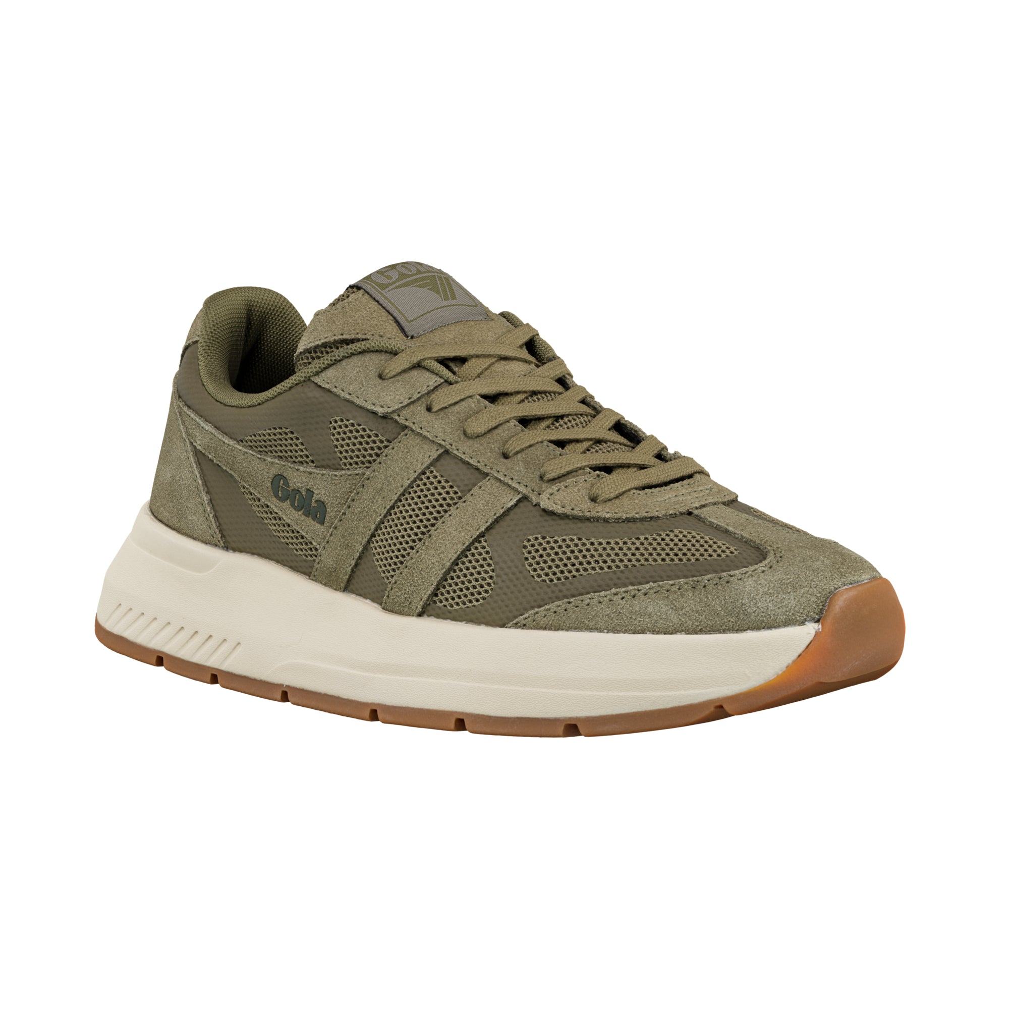 Olive green Gola trainer with mesh panels suede overlays and a thick cream midsole with a gum rubber outsole