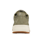 Rear view of an olive green suede trainer with a cream midsole and gum rubber sole