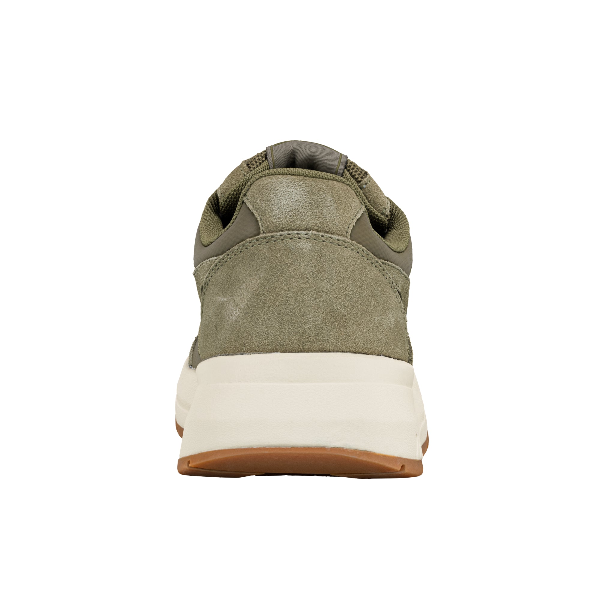 Rear view of an olive green suede trainer with a cream midsole and gum rubber sole