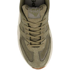 Top view of olive green Gola trainer with mesh and suede panels