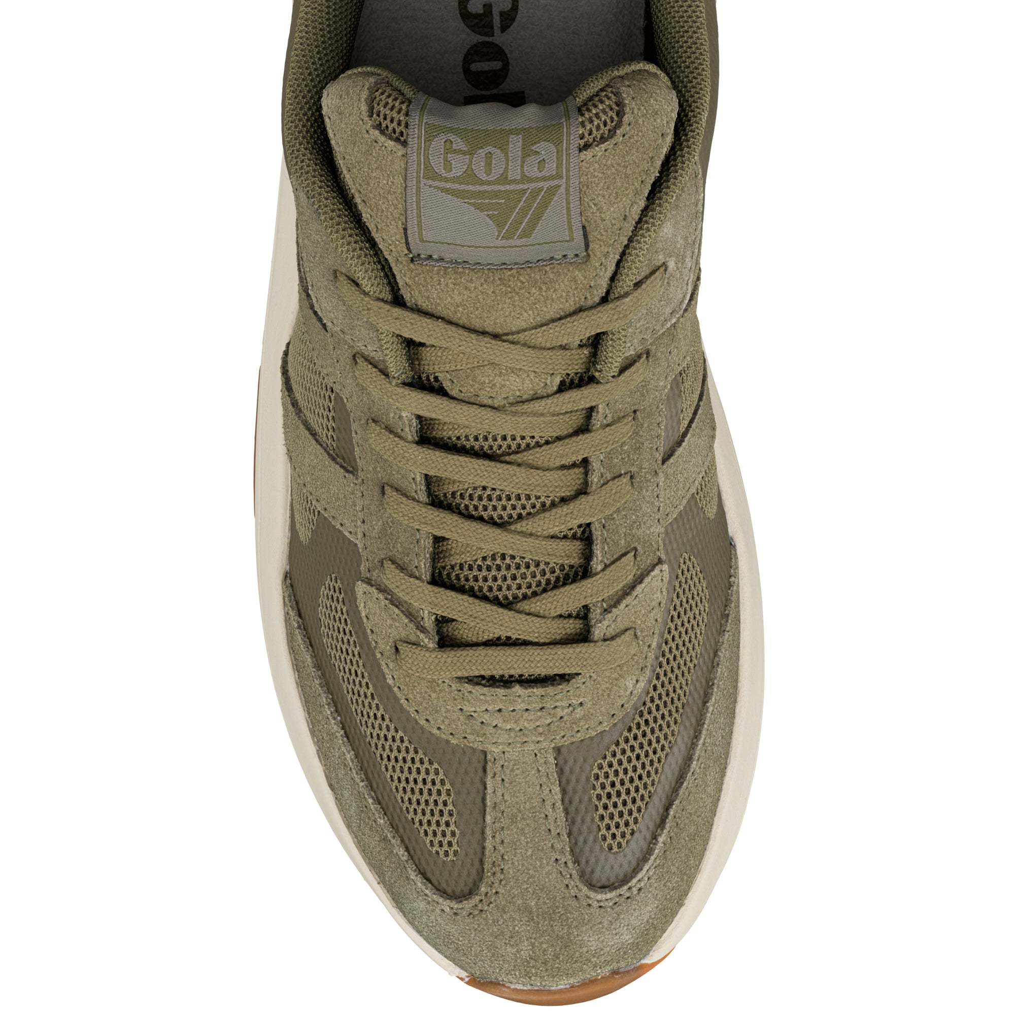 Top view of olive green Gola trainer with mesh and suede panels