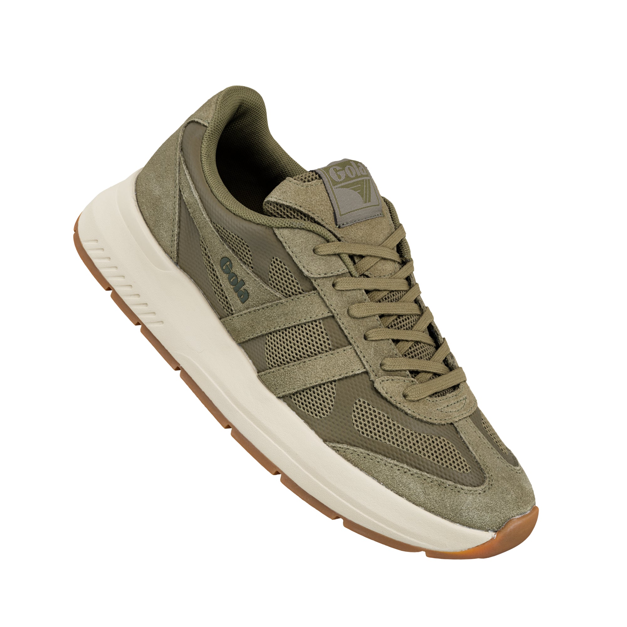 Olive green Gola trainer with mesh panels and a cream midsole