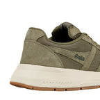 Close up of the heel and side of an olive green Gola trainer with a cream sole and gum tread
