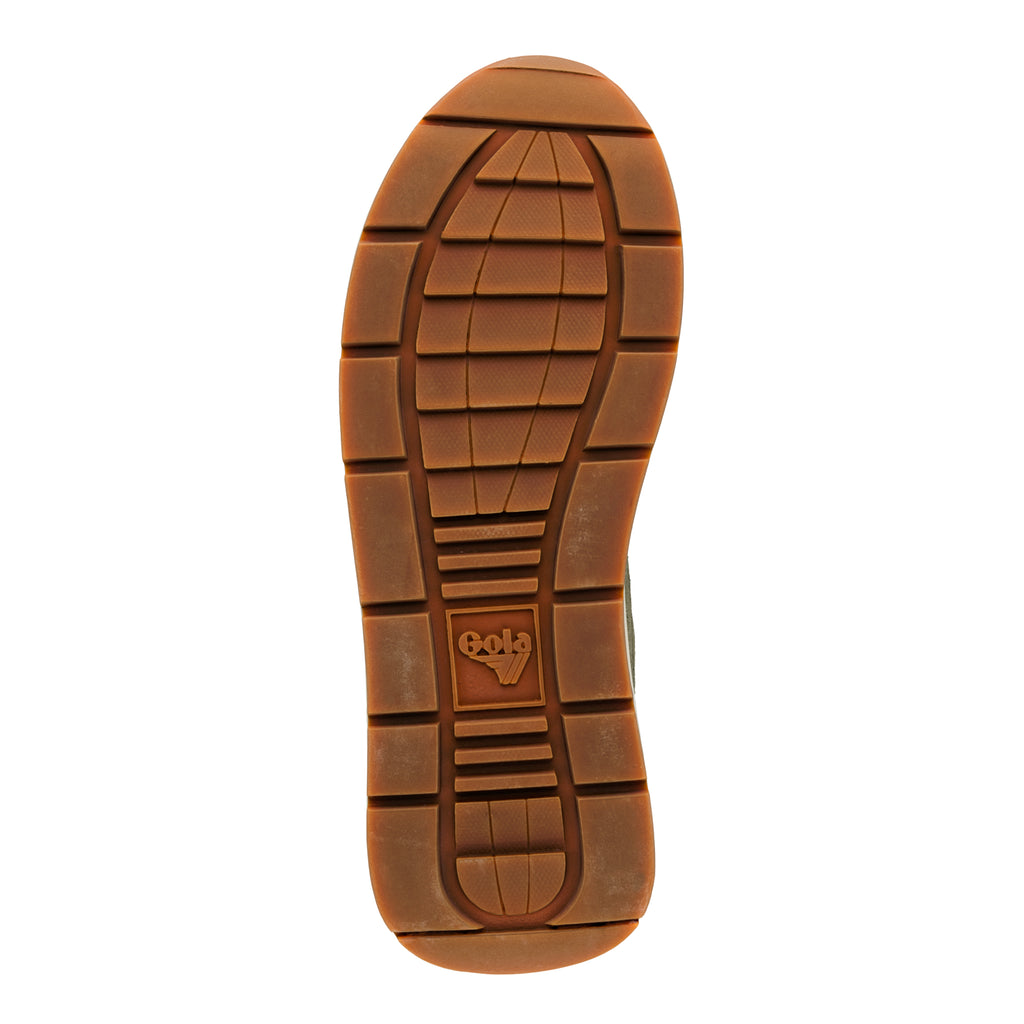 Brown rubber trainer sole with Gola logo and grid tread pattern
