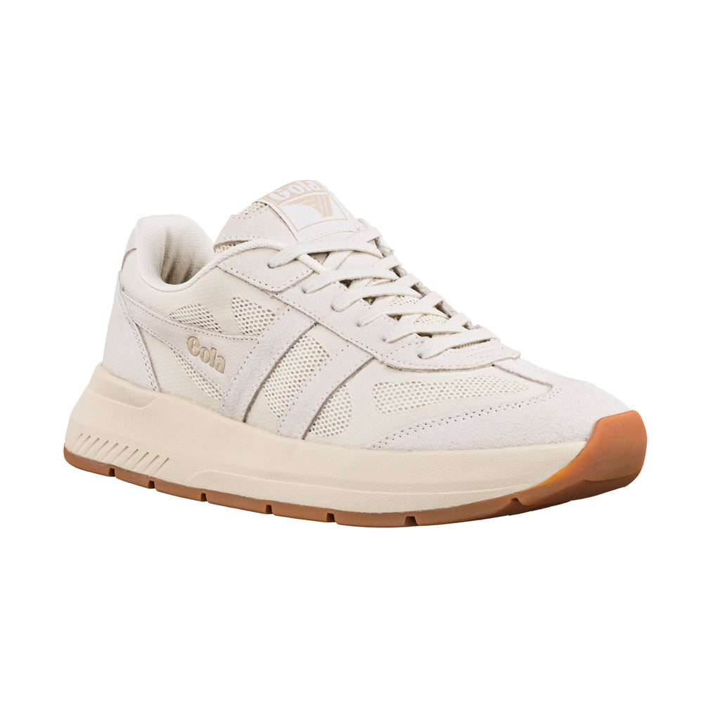 Off-white Gola trainer with mesh panels and a gum rubber sole
