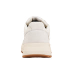 Rear view of a cream coloured suede trainer with a thick rubber sole