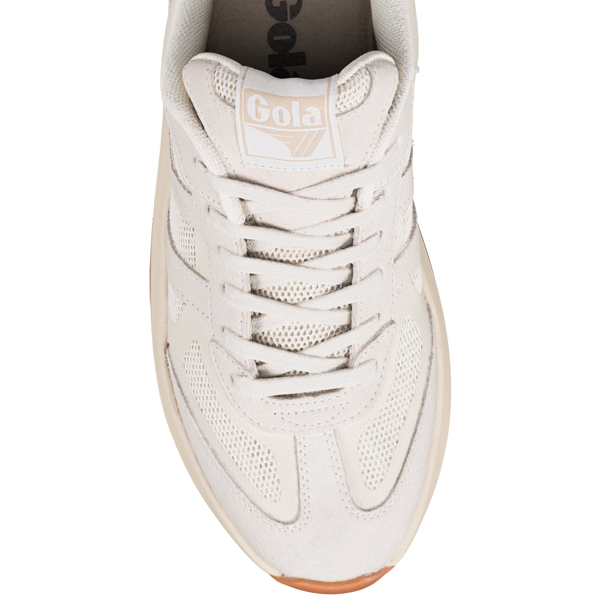 Off white Gola trainer with mesh and suede panelling viewed from above
