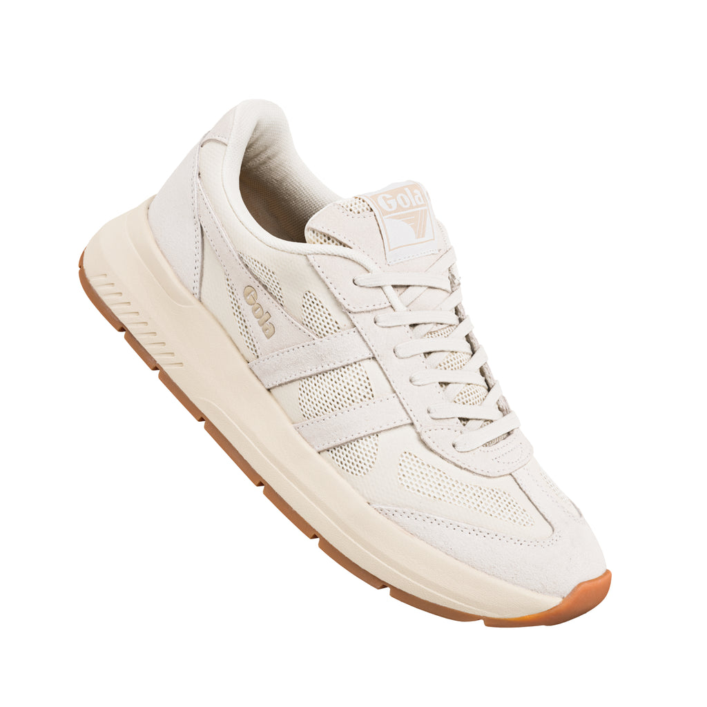 Off-white Gola trainer with mesh and suede panels and a gum rubber sole