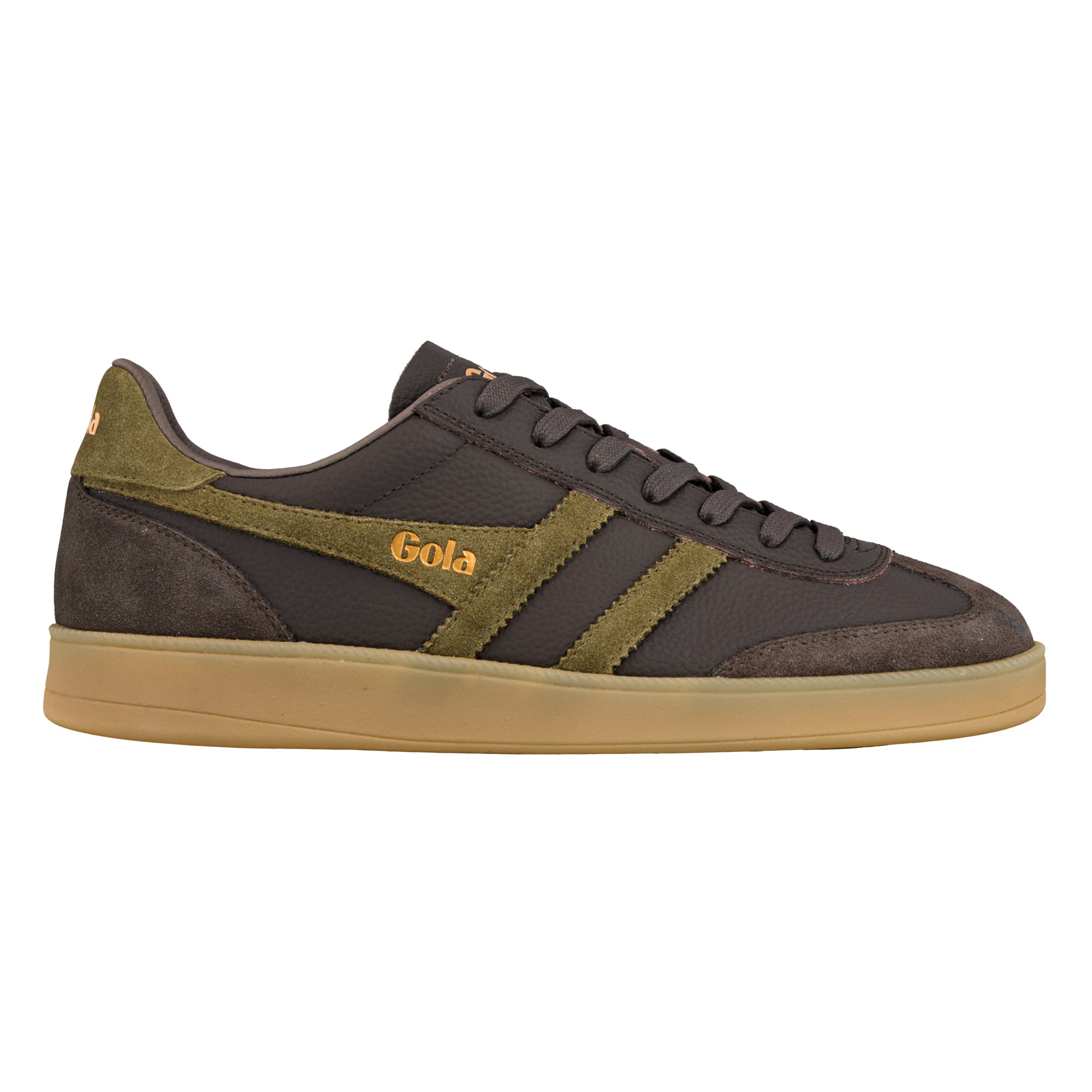 Dark brown and olive green Gola trainer with a gum sole