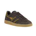 Dark brown and olive green Gola trainer with a gum sole