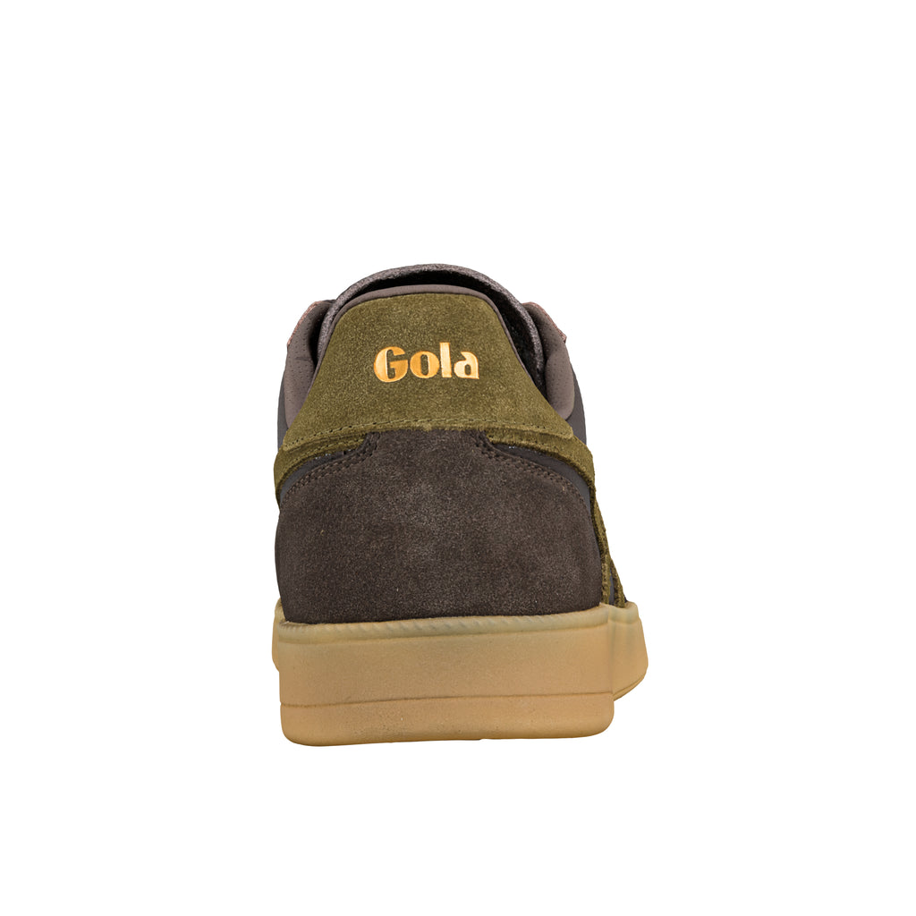 Rear view of a dark brown and olive green Gola trainer with a gum sole