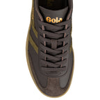 Dark brown Gola trainer with olive green suede side stripes and gum sole