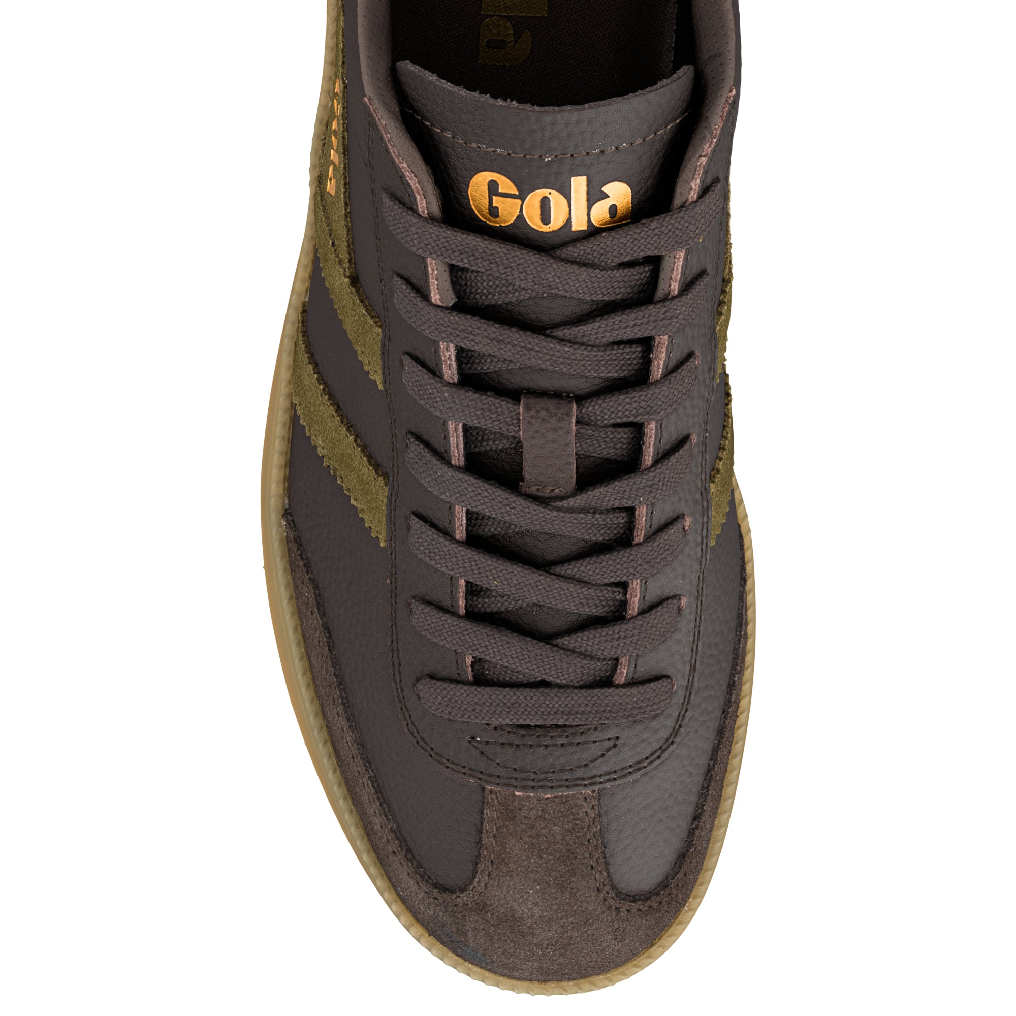 Dark brown Gola trainer with olive green suede side stripes and gum sole