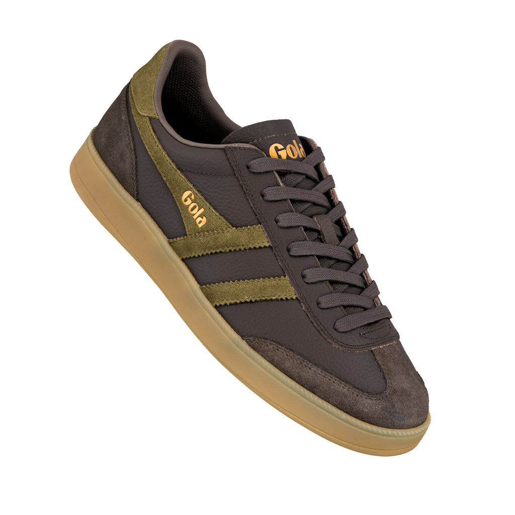 Dark brown and olive green Gola trainer with a gum sole