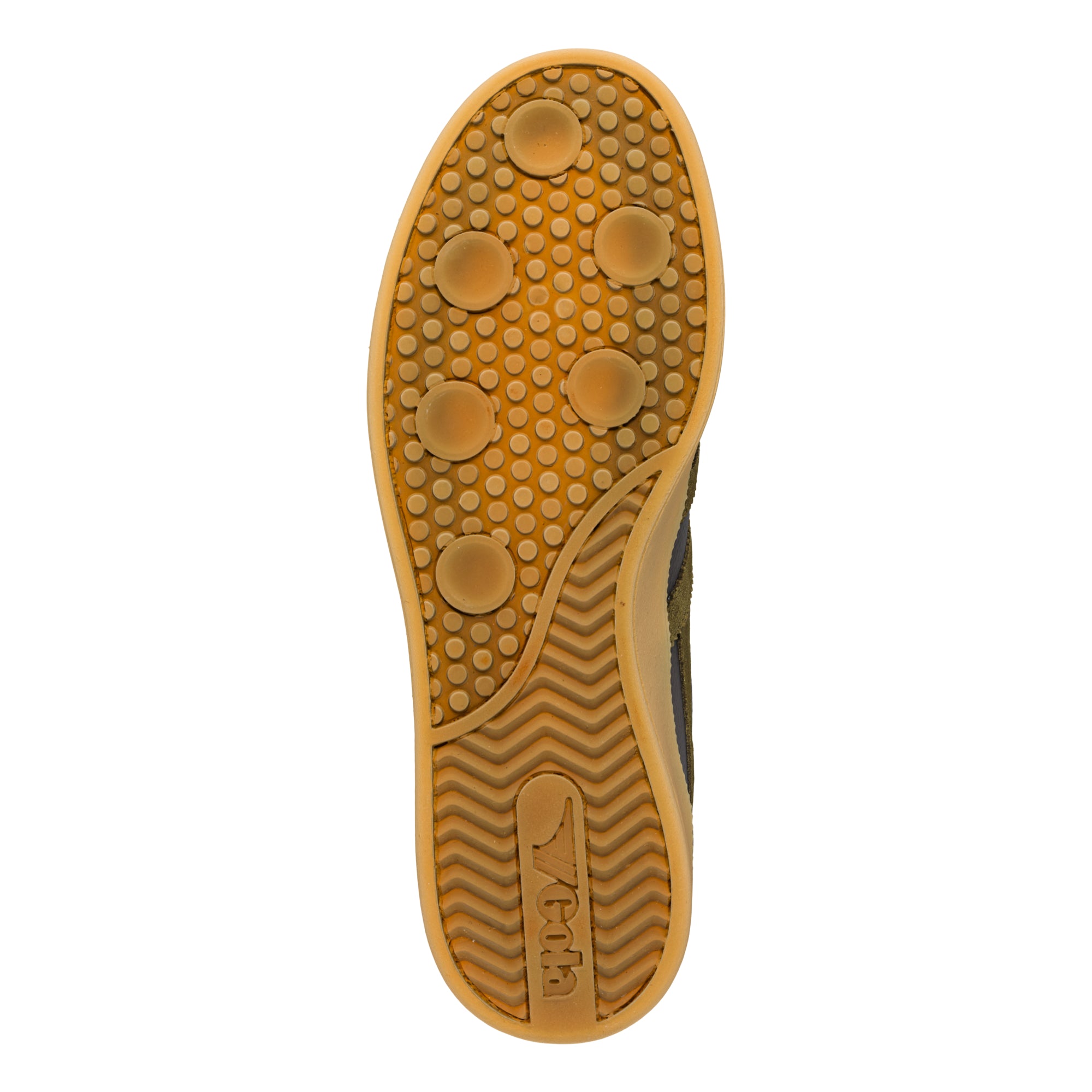 Gum rubber trainer sole with circular tread pattern and Gola branding