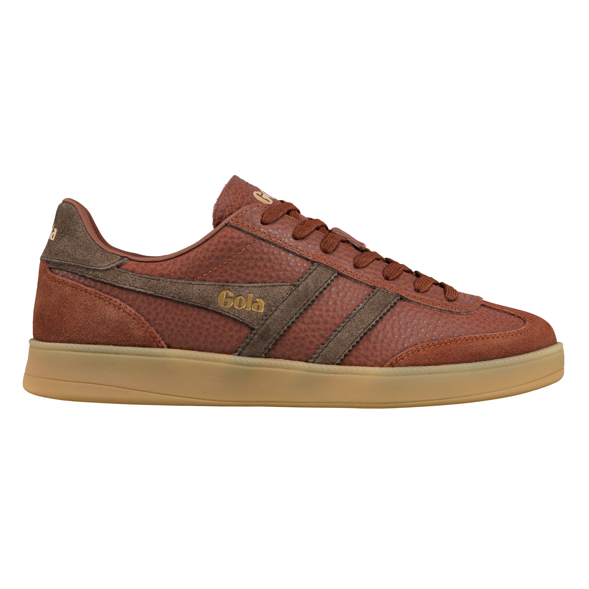 Brown leather Gola trainer with suede detailing and gum sole