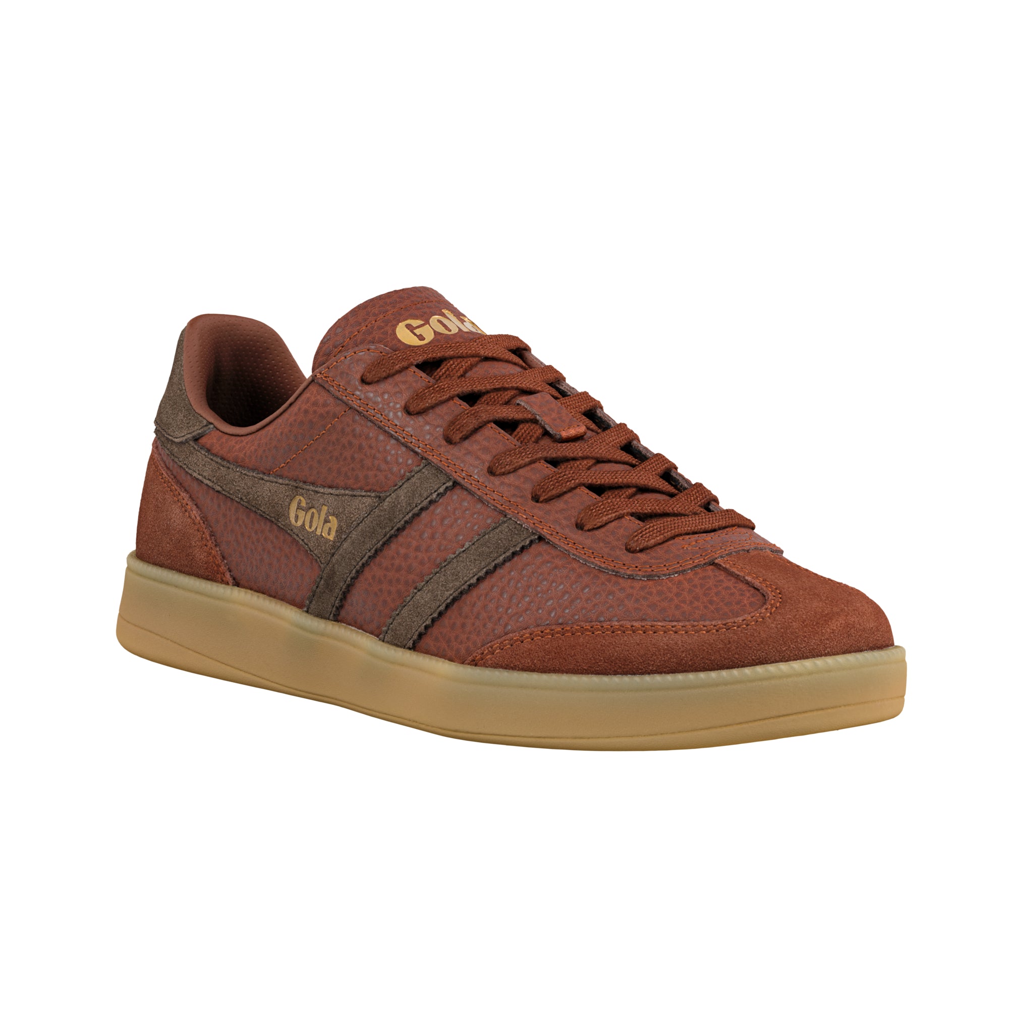 Brown leather and suede Gola trainer with a gum sole