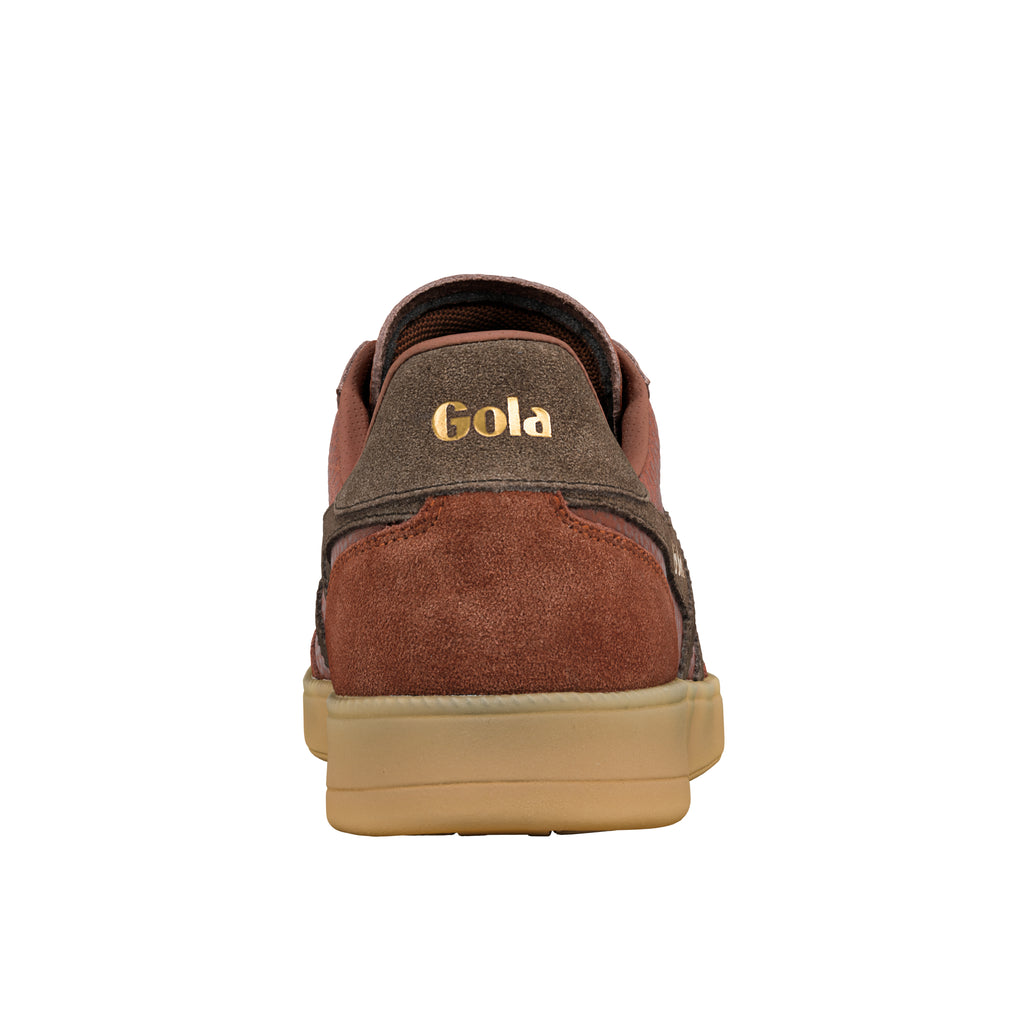 Rear view of a brown suede Gola trainer with a gum rubber sole