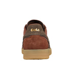 Rear view of a brown suede Gola trainer with a gum rubber sole