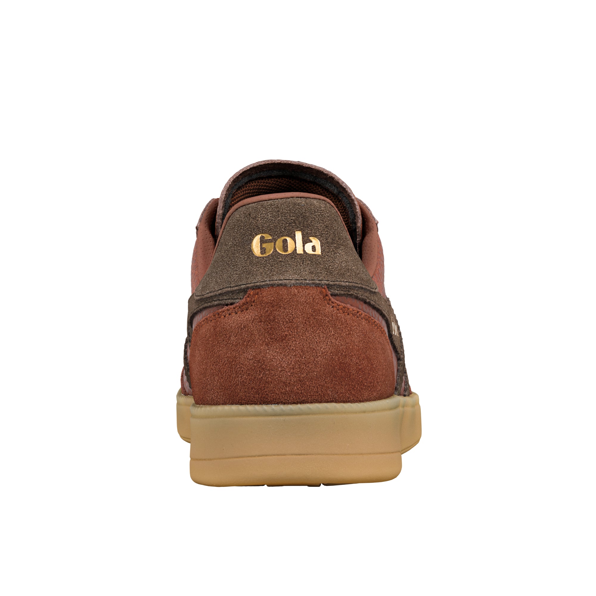 Rear view of a brown suede Gola trainer with a gum rubber sole