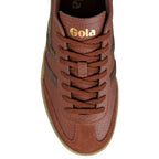 Brown leather Gola trainer with lace up fastening and suede toe detail