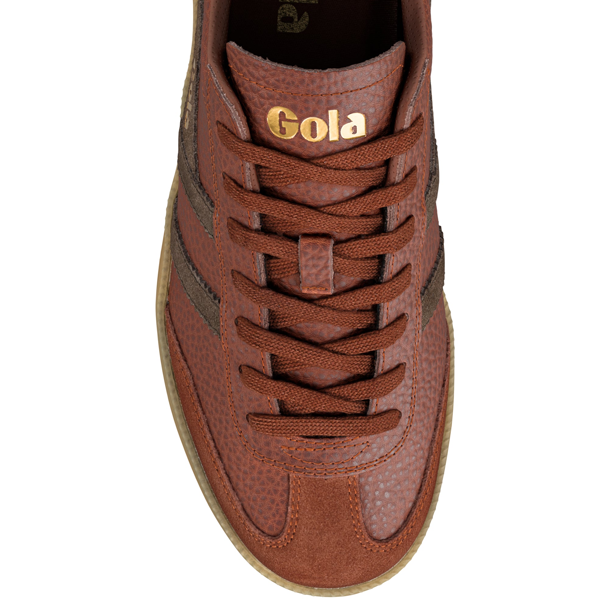 Brown leather Gola trainer with lace up fastening and suede toe detail