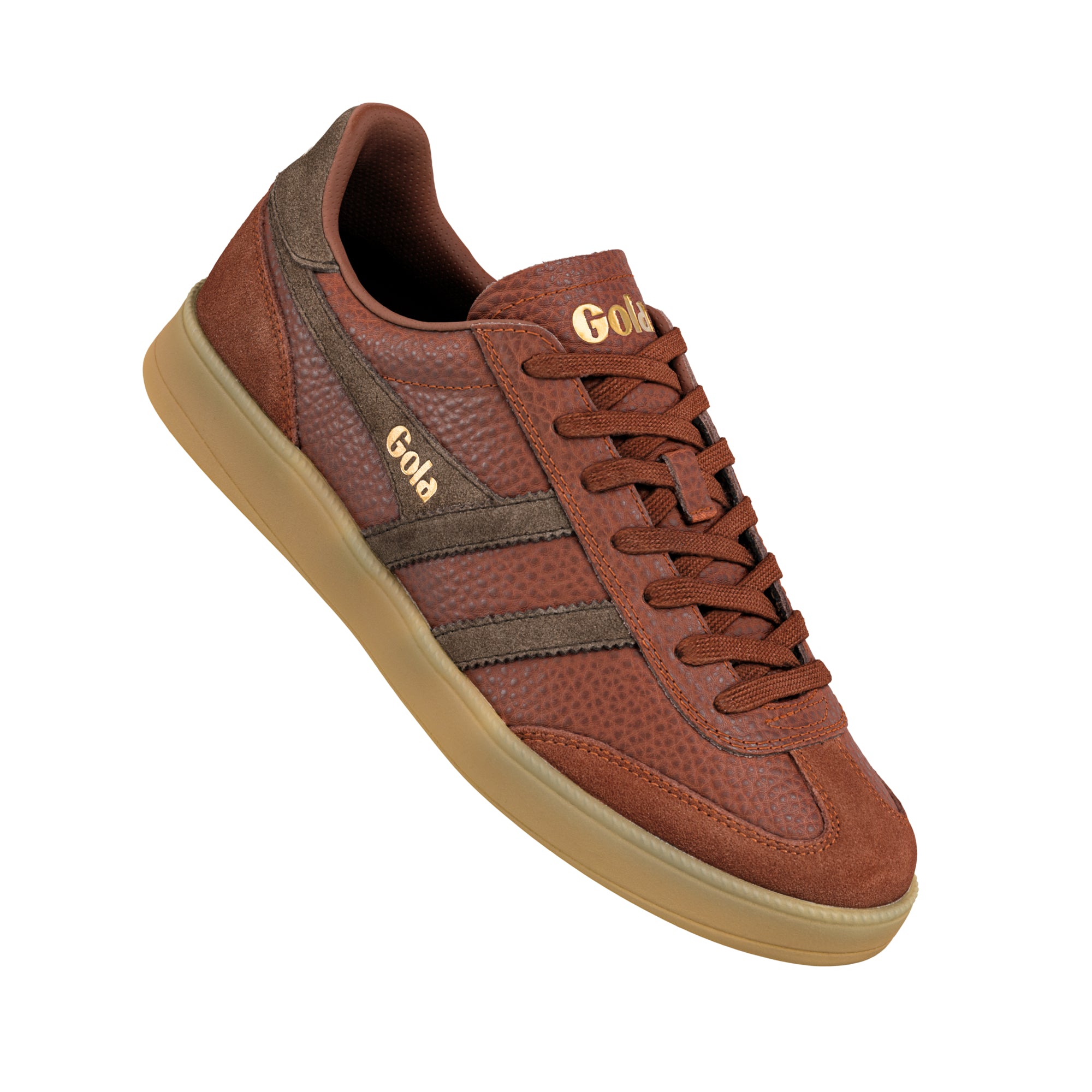 Brown leather Gola trainer with suede detailing and gum sole