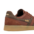 Rear view of a brown leather Gola trainer with suede detailing and a gum rubber sole