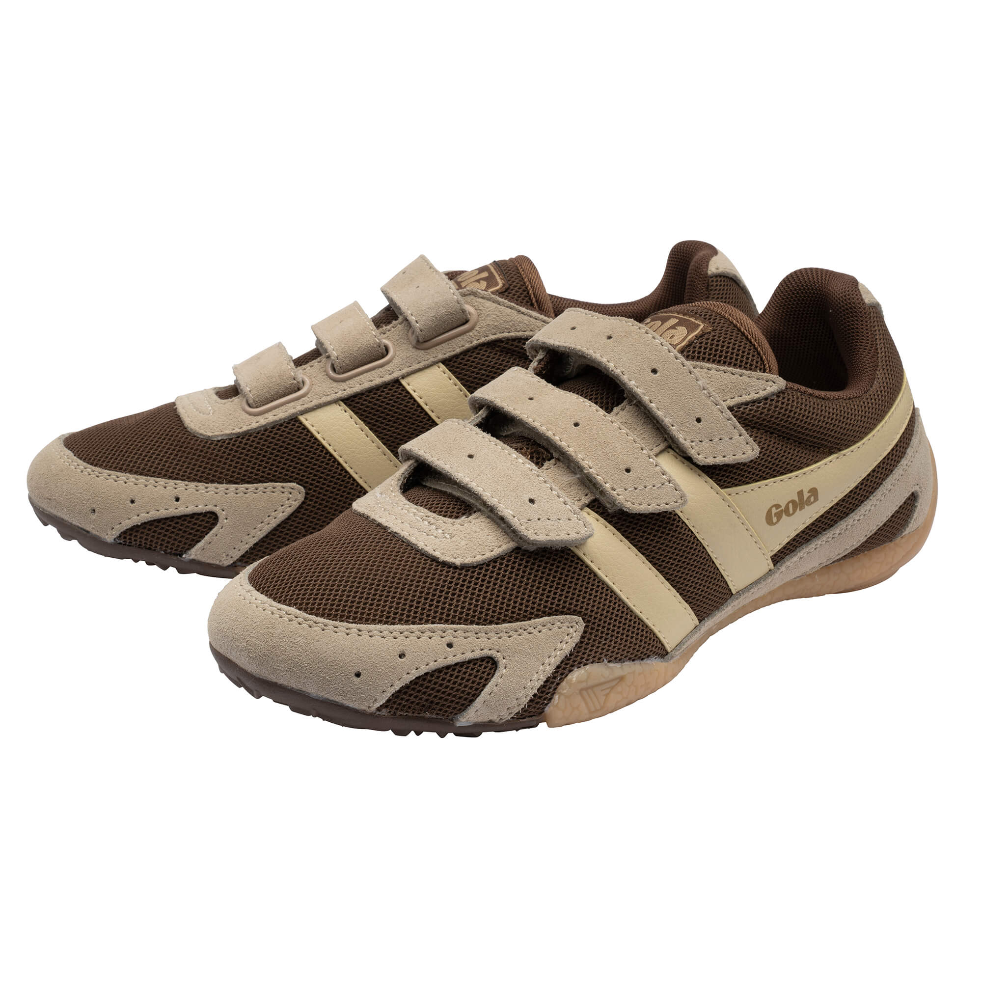 Pair of Gola Harrier velcro trainers in brown and beige