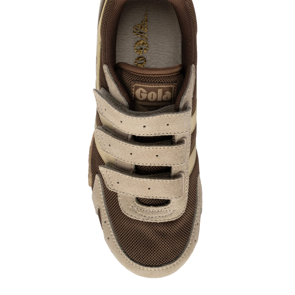Top-down view of a brown and beige Gola trainer with three hook-and-loop straps