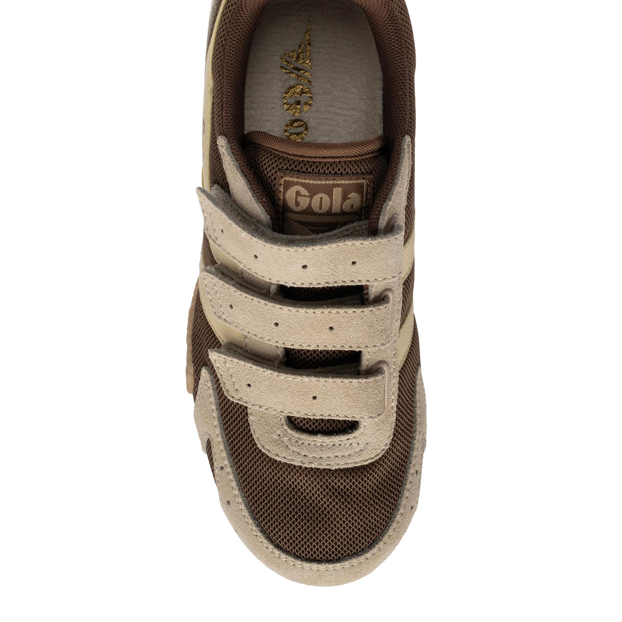 Top-down view of a brown and beige Gola trainer with three hook-and-loop straps