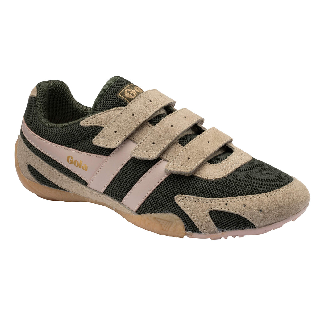 Gola Kids Coaster Velcro trainer in dark green with beige suede and pink trim