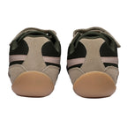Rear view of two khaki and green trainers with pink stripes and brown soles