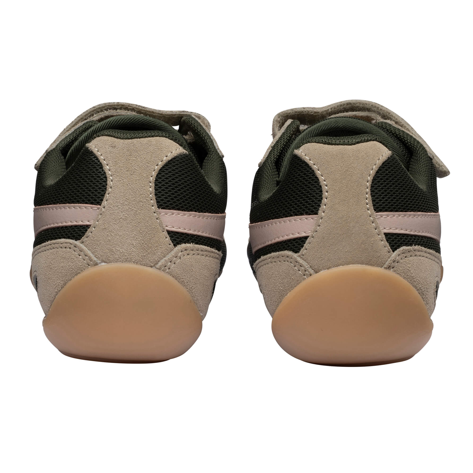 Rear view of two khaki and green trainers with pink stripes and brown soles