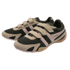 Pair of Gola Harrier velcro trainers in dark green mesh with beige suede overlays and pink stripes