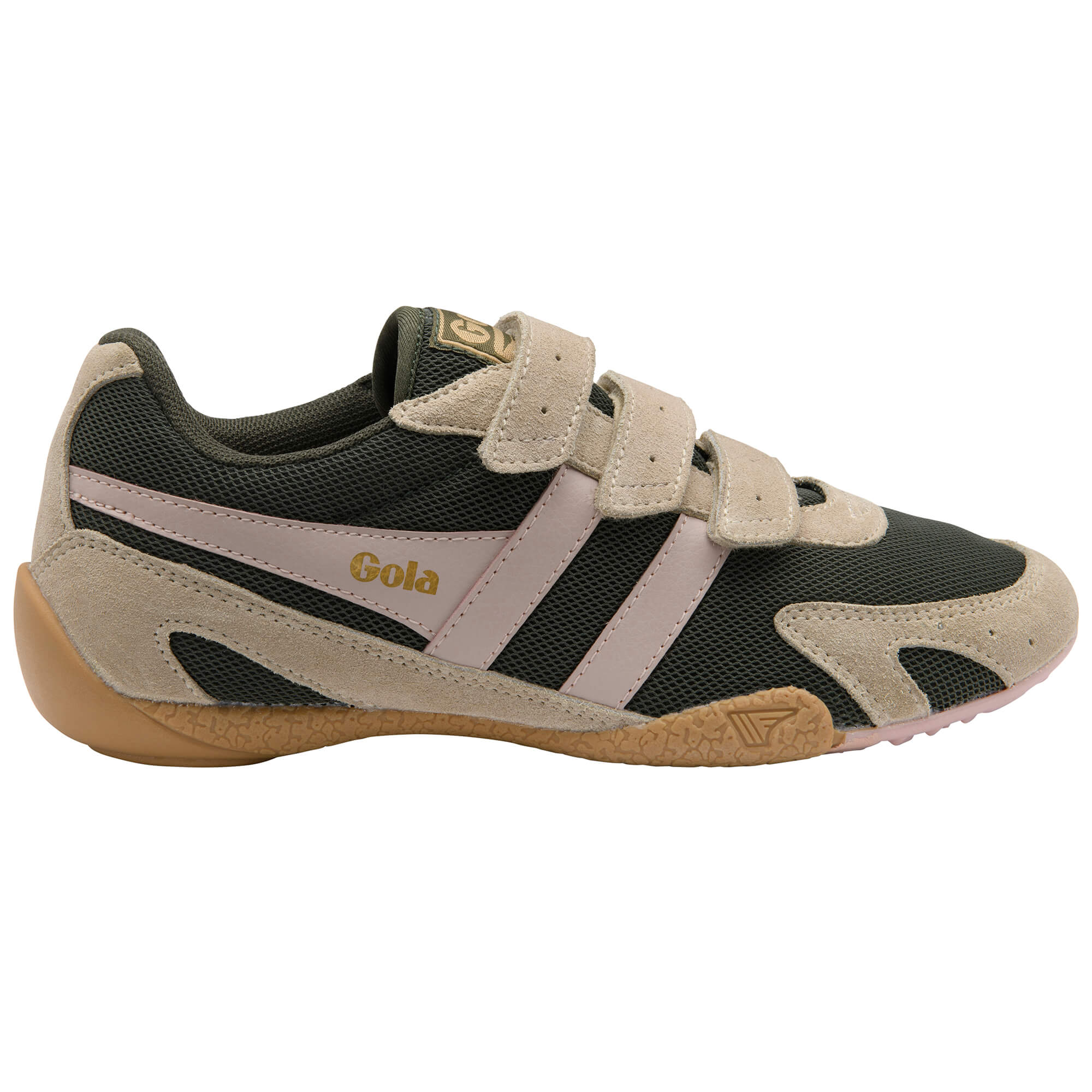 Gola Kids Coaster velcro trainer in dark green with pink stripes and beige suede accents