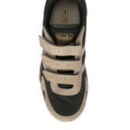 Top-down view of a Gola trainer in dark green mesh and beige suede with three Velcro straps